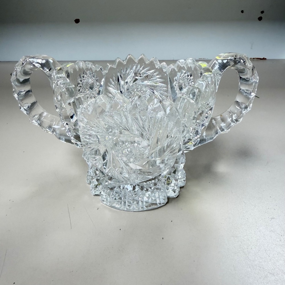 Vintage Cut Glass Sugar Bowl Pinwheel Starburst Pattern Double Handle Crystal